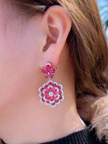 1 Pair Geometric Hot Pink Cubic Zirconia Flower Shaped Long Dangle Drop Earrings, Luxury Jewelry Gifts For Women, Wedding Party Pageant