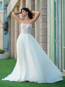 YOUKEFEIER 新款无肩带美人鱼蕾丝刺绣串珠性感高开衩长款婚纱，新娘礼服 - 米色 - 查看 4