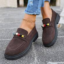 Mocassins Planos Vintage Feitos à Mão com Contas, Estilo Preppy de Cor Sólida em Camurça