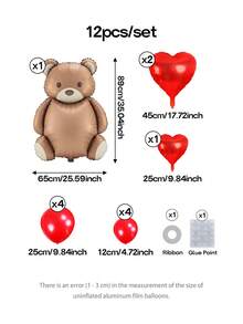 12件套情人节派对装饰，巨型哑光棕熊铝箔气球（18英寸），10英寸和18英寸红色心形气球，10英寸红色乳胶气球，适用于求婚、订婚、周年纪念、情人节家居装饰，营造浪漫氛围 - 彩色 - 查看 2