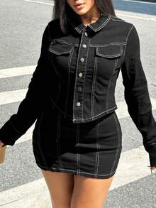 Giacca di jeans a maniche lunghe con contrasto di colore, aderente, da donna per l'autunno