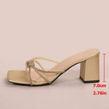 水钻厚高跟拖鞋，法式水钻闪亮凉鞋，新款女鞋，派对鞋，夏季户外装，搭配连衣裙，百搭优雅 - 金色 - 查看 9