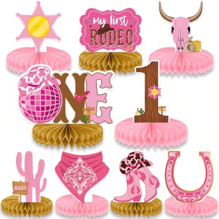 D9PCS Cowgirl Party Decorations Western Cowgirl Honeycomb Centerpieces For Pink Girl One Birthday Baby Shower Party Supplies10