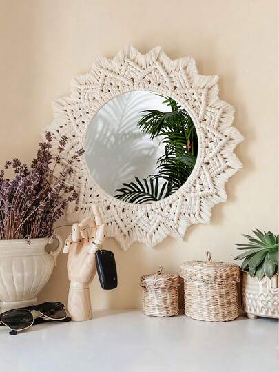 1 Stück riesiger handgefertigter Quasten-Wandspiegel, gewebter hängender Wandspiegel, Wohnzimmer Schlafzimmer Wanddekoration, hochwertige exotische Dekoration, damit jedes Mal, wenn Sie in den Spiegel schauen, auf nomadische Poesie treffen, geeignet als Geschenk zu Thanksgiving, Weihnachten, Halloween, für Freunde und Familie, zum Aufhängen und Dekorieren im Schlafzimmer.