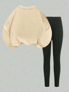 Set da 2 pezzi per ragazze, composto da felpa e leggings, con elementi di cuore e stampa leopardata, essenziale per le uscite quotidiane, perfetto per la primavera e l'autunno - Albicocca - Visualizzare 2
