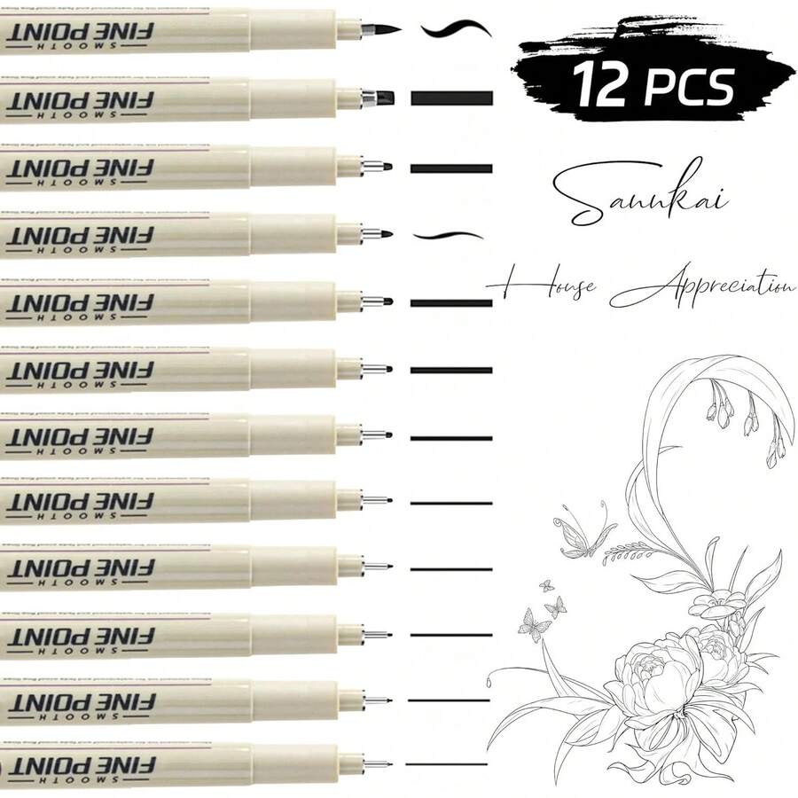 12 Piezas Bolígrafos de Dibujo Negros, Bolígrafos de Tinta, Estilógrafo con Punta Fina de 0.23-3 MM, para Caligrafía, Dibujar, Escribir, Diseñar, Cómic - 12 - Ver 1
