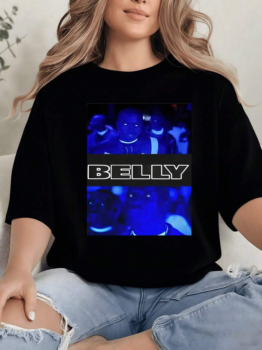 Belly Band Graphic Print T Shirt 220g Concert Vibes Women's Casual 100% Cotton Tee 1pcs  Style - Black - View 1