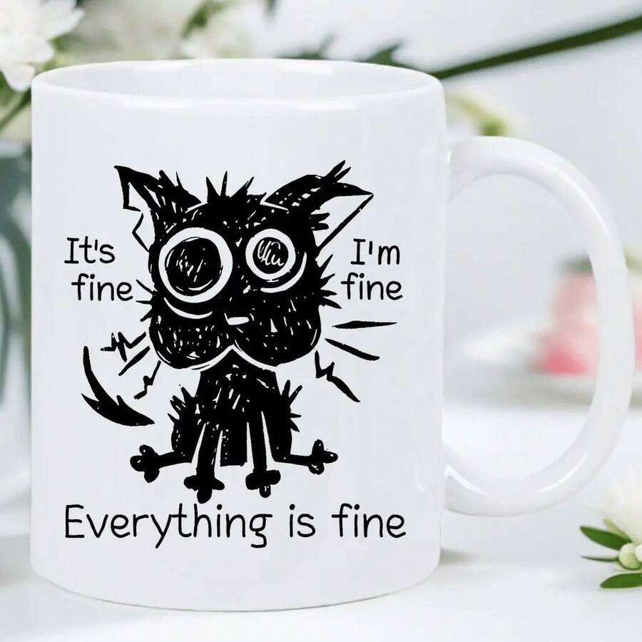 "It's Fine" Sarcastic Black Cat Ceramic Coffee Mug - Insulated Reusable White Cup With Humorous "I'm Fine" Quote, Hand-Wash Only, Perfect Gift For Coffee Enthusiasts & Cat Lovers, Casual Drinkware, Playful Design, Durable Drinkware, Quirky Style, Sturdy Construction, Office Workers - Không sao đâu - Xem 1