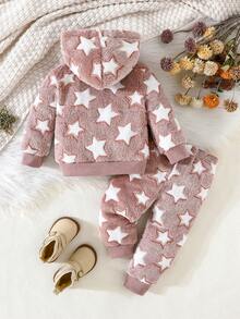 2 件套女婴休闲可爱星星图案羊毛连帽卫衣和裤子套装，秋冬 - 淺粉色 - 查看 3
