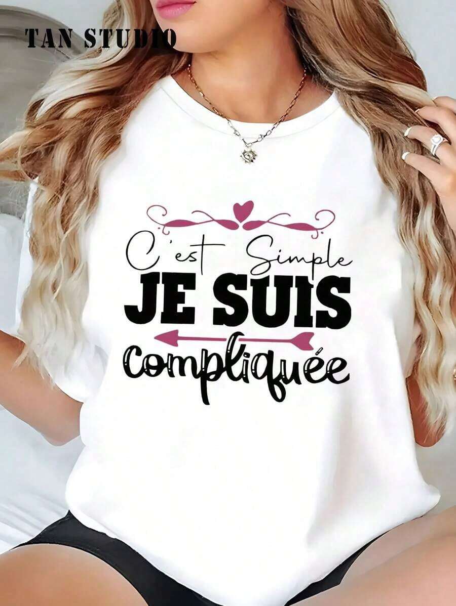 Camiseta de manga corta para damas con estampado de patrones, top de cuello redondo suelto y casual, se puede lavar aáquina para comodidad durante las cuatro estaciones. - Blanco - Ver 1