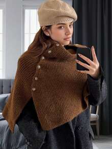 1pc New Knitted Women Shawl/Autumn Winter Fashion Multi-Color Warm Poncho, Winter Accessory Women Vest/Comfortable Neck Warmer Golden Accessory, Versatile Cleopatra Style Button-Up Cardigan For Dress - Multicolor - View 3