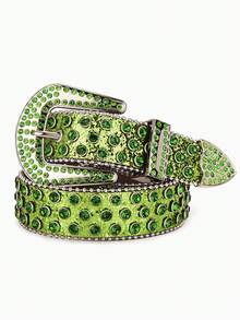 1pc Green Rhinestone Shiny Diamond Decor Y2K Waist Belt, Square Buckle PU Punk Rivet Belt, Unisex Suitable For Nightclub, Hip-Hop, Rock, Party, Christmas