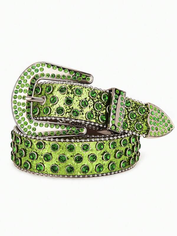 1pc Green Rhinestone Shiny Diamond Decor Y2K Waist Belt, Square Buckle PU Punk Rivet Belt, Unisex Suitable For Nightclub, Hip-Hop, Rock, Party, Christmas