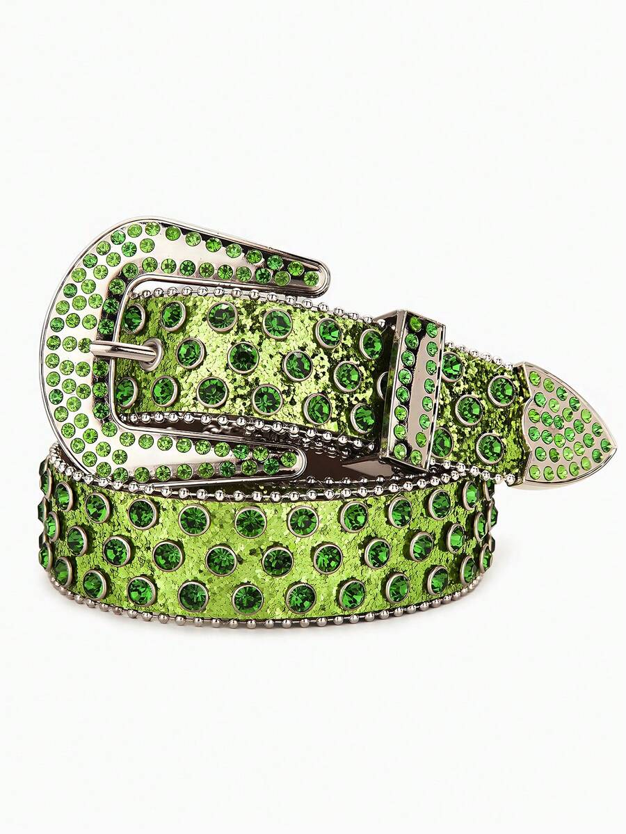 1pc Green Rhinestone Shiny Diamond Decor Y2K Waist Belt, Square Buckle PU Punk Rivet Belt, Unisex Suitable For Nightclub, Hip-Hop, Rock, Party, Christmas