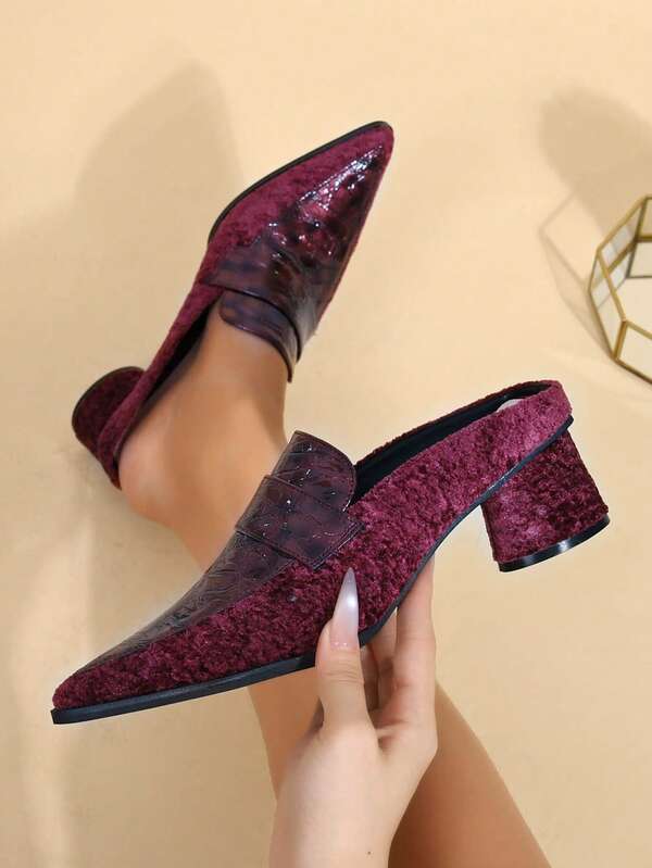 New Women's Colorblock Gradient High Heel Shoes, Outdoor Party Fashion Fabric & Faux Fur Patchwork Chunky Heel Sandals