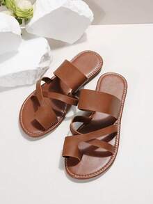 Plus Size Women Comfortable Minimalist Round Toe Criss-Cross Open Toe Hollow Flat Slippers Sandals, Casual Fashion Outdoor Vacation Beach Summer Shoes