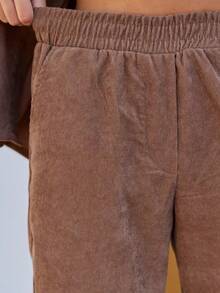 Oversized Corduroy Sports Suit With A Shirt ,Two Pieces Corduroy Lapel Collar Set - Button-Front, No-Elasticity, Solid Brown Outwear & Jogger Pants,All-Season Versatile Blouse , Polo Collar Style, Perfect For Casual Attire, Ladies Blouses, Casual Wear For Women