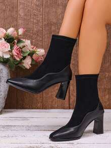 Women's Western Style Square Toe Chunky Heel Ankle Boots, Back Zipper Short Boots For Commute, Party, Minimalist Sexy High Heels