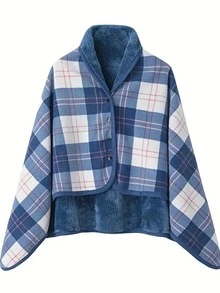 1pc Fleece Wearable Blanket, 80x135cm Plaid Lap Blanket, Comfortable Hooded Poncho With Buttons, Suitable For Bed, Sofa, Office, Gray & White Cozy Cloak With Buttons, Fuzzy Sleeveless Blanket, Women Shawl Wrap Suitable For Home, Office, Outdoor, Machine Washable