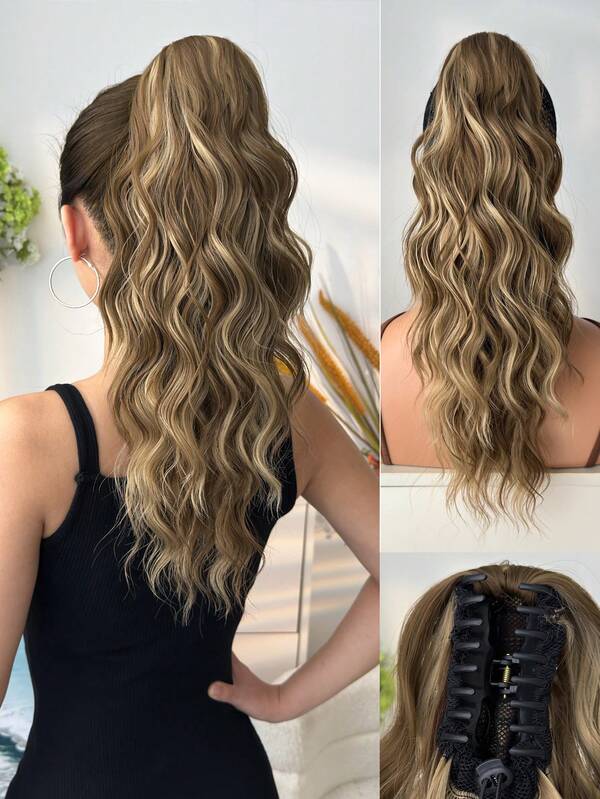 Acessório de Cabelo Extensão de Rabo de Cavalo em Formato de Garra, Multicolorido, Fibra Sintética Resistente ao Calor de 18 Polegadas com Ondas de Água, Adequado para Festas e Uso Diário de Mulheres