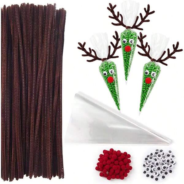 120 pièces/40 pièces/200 pièces Kit d'artisanat de renne de Noël comprenant des cure-pipes marrons, des yeux googly et des pompons rouges - idéal pour les décorations et cadeaux de fête, les décorations de Noël avec des rennes, l'emballage cadeau de Noël, les décorations du Nouvel An, les décorations de fête d'anniversaire