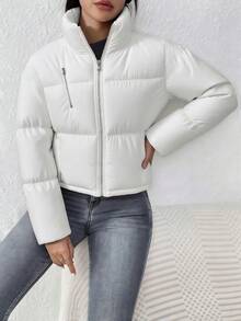 Women's Short Stand Collar Padded Coat, Minimalist Design, Fluffy Texture, Neat Tailoring, Puffy Padded Coat - White - View 7