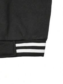 Teen Girls American Retro Black & White Colorblock Baseball Jacket, Autumn/Winter Short Knit Cardigan Coat - Black - View 8