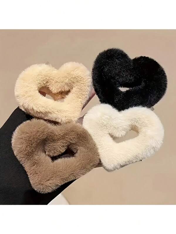 4pcs Plush Heart-Shaped Hair Clips, Women Thickened Fleece Clips In Khaki, Fashion Accessory For Daily, Party, Ponytail Holder Suitable For All Hair Types