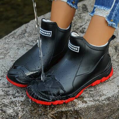 2025 Autumn/Winter Thermal-Lined Black Glossy Mirror Decor Waterproof Boots, Suitable For Holidays, Travel, Rainy Days, Outdoor Short Ankle Comfortable Casual Thick Sole Waterproof Shoes For Teenagers