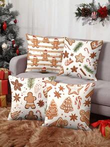 4pcs/1pc Christmas Gingerbread Pillow Cover - Cute Gingerbread Man, Cookies And Spices Pattern Design, 18x18 Inches | Zipper Closure | Bright Colors And Polyester Material | For Living Room, Room Decoration, Sofa And Bedroom (Filling Not Included) Great For Christmas Home Decoration, Christmas Decorations, Christmas Party