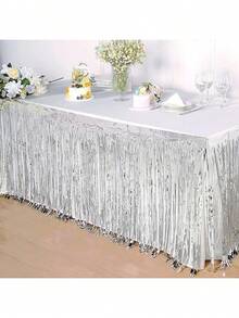 1pc Fringe Trim Disposable PE Table Skirt,Simple Holographic Self-Adhesive Table Cover For Party,Christmas - Silver - View 7