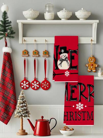 قطعتان من المناشف المطبوعة بأشكال شجرة والغزلان والثلج والكرات الوردية والنجوم، مناسبة للمطبخ والمنزل والحفلات والهدايا، مصنوعة من القماش المائي المطبوع بتصاميم احتفالية