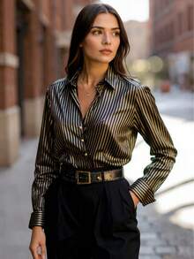 Women's Fashion Casual Elegant Contrast Striped Gold Button Front Lapel Collar Satin Print Shirt, Office Commute Daily Wear, Spring/Summer New