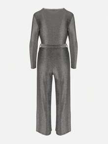 Viscose Wrap Neck Fashion Glitter Jumpsuit With Belt - Silver - View 7