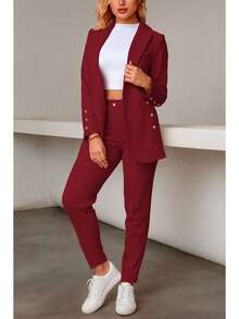 Elegante conjunto de traje azul de manga larga para mujer con cuello chal pantalones largos y detalles de botones - Burdeos - View 2