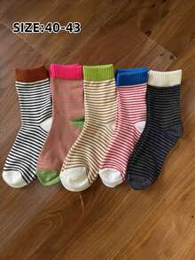 Random 5/3/1 Pair Of Women's Color-Blocked Striped Mid-Tube Socks, Multi-Color Splicing, Versatile Fashion Sports Socks, Contrast Cuff Striped Socks, Women's Socks, Casual Long Tube Tassel Socks (Due To The Lighting And Angle When Shooting, The Actual Product May Have A Slight Color Difference From The Picture)