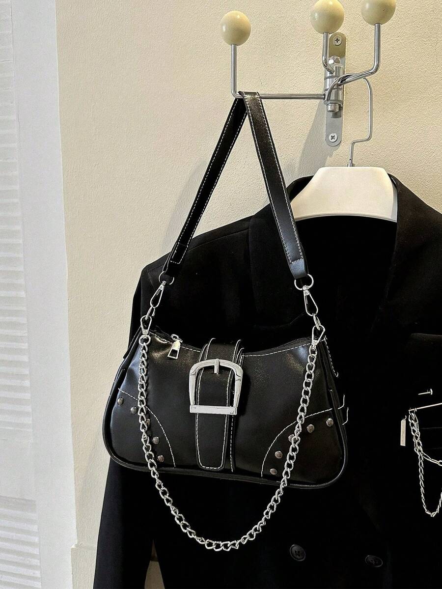Fashionable Retro Rivet Women's Chain Shoulder Bag - Black - View 1