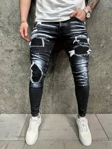 Men's Casual Lightweight Tight Jeans - 黑色 - 查看 1