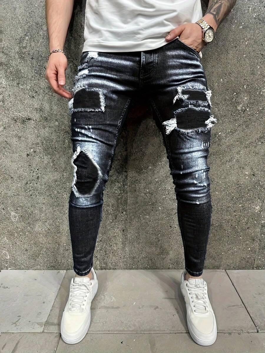 Men's Casual Lightweight Tight Jeans - 黑色 - 查看 1