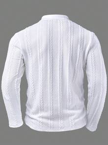 Men's Textured Polo Shirt, Long Sleeve, Elastic Jacquard Polyester Fabric, Casual & Fashionable Outdoor Sportswear, Suitable For Spring/Autumn Daily, Work And Vacation Wear - White - View 2