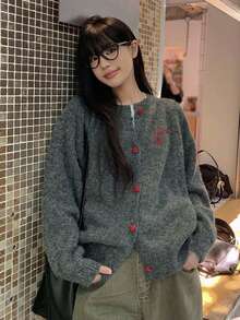 Vintage Casual Knit Cardigan Sweater For Women, Button Up Round Neck Jacket - Dark Grey - View 3