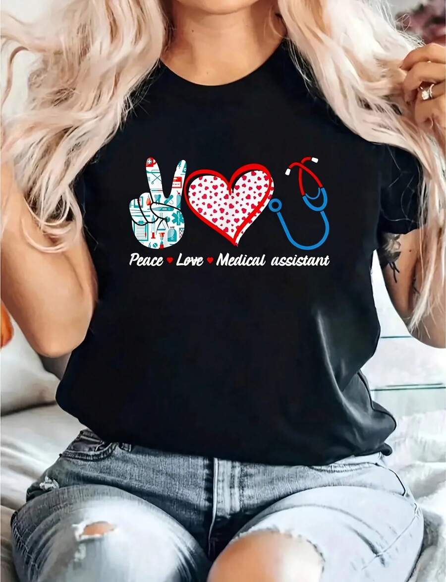 Medical Student Or Assistant Medical Assistant T-Shirt, High Quality 220g Pure Cotton T-Shirt With Minimalist Print, Halloween Costume Tops For Women - 黑色 - 查看 1