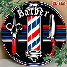 2D Flat, 1pc Vintage Barber Metal Wall Art Sign - Retro Red White Blue Striped Pole With Scissors & Comb Design, Round Wall Decor Suitable For Bar, Cafe, Beach House, Backyard, 7.8x7.8 Inches, Boho Style Room Decor, Barbershop Decoration, Vibrant Color Finish, Mounting Holes As Dimension