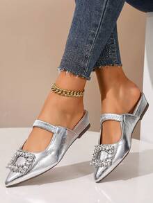 Mulas com Solado Grosso de Strass Prateado, Chinelos de Bico Fino com Sola Grossa na Moda, Mocassins Casuais com Salto Tipo Cunha e Sem Parte Traseira, Adequados para Vestidos, Primavera e Outono