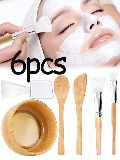 طقم أدوات خلط قناع الوجه الخشبية المكون من 6 قطع، وعاء من البامبو، سكين خلط، ملعقة بامبو برأس دائري، فرشاة قناع الوجه ذات الشعيرات الناعمة، فرشاة قناع الوجه ذات المقبض الخشبي والسيليكون، وملعقة قياس، طقم خلط قناع الوجه الطيني DIY، أدوات تجميل منزلية SPA، مناسبة للاستخدام في صالون التجميل المنزلي