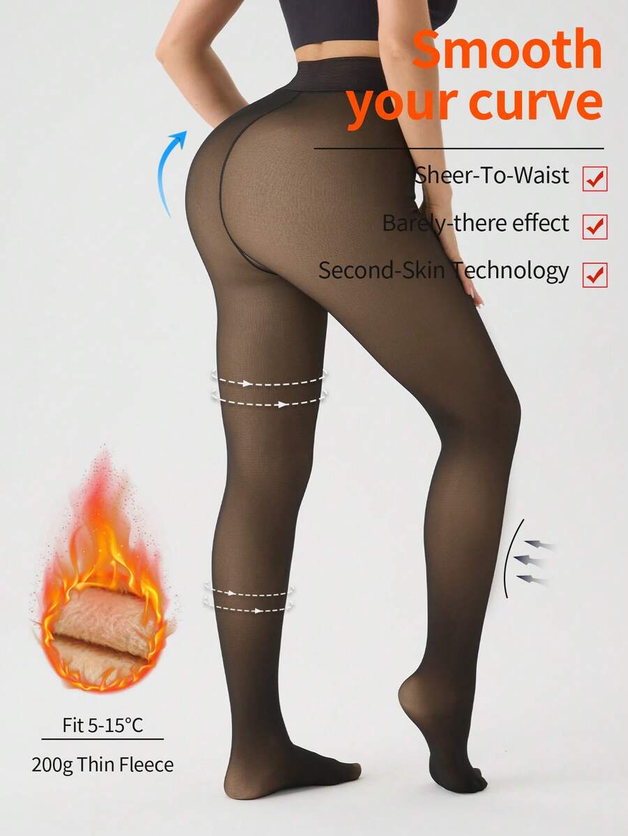 1 Paar super warme Damen Thermotights mit Futter, thermische halbtransparente Strumpfhose mit einer Naht, hoher Bund für Outdoor-Sport, Yoga, Laufen, Radfahren