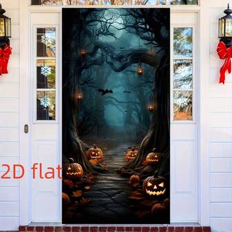 1pc Halloween Door Curtain With Spooky Tree, Pumpkin And Vines Design - Traditional Polyester Fiber Door Hanging Decor, Suitable For Entryway, Botanical Theme, No Text - Holiday Door Cover For Halloween Decoration Home Decor Room Decor