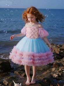 Young Girl Lavender Sequin Mesh Puff Sleeve Elegant Mermaid Party Princess Dress, Suitable For Girls Birthday, Party, Wedding, Formal Occasions, Holiday Celebration, Flower Girl - Pink - View 1