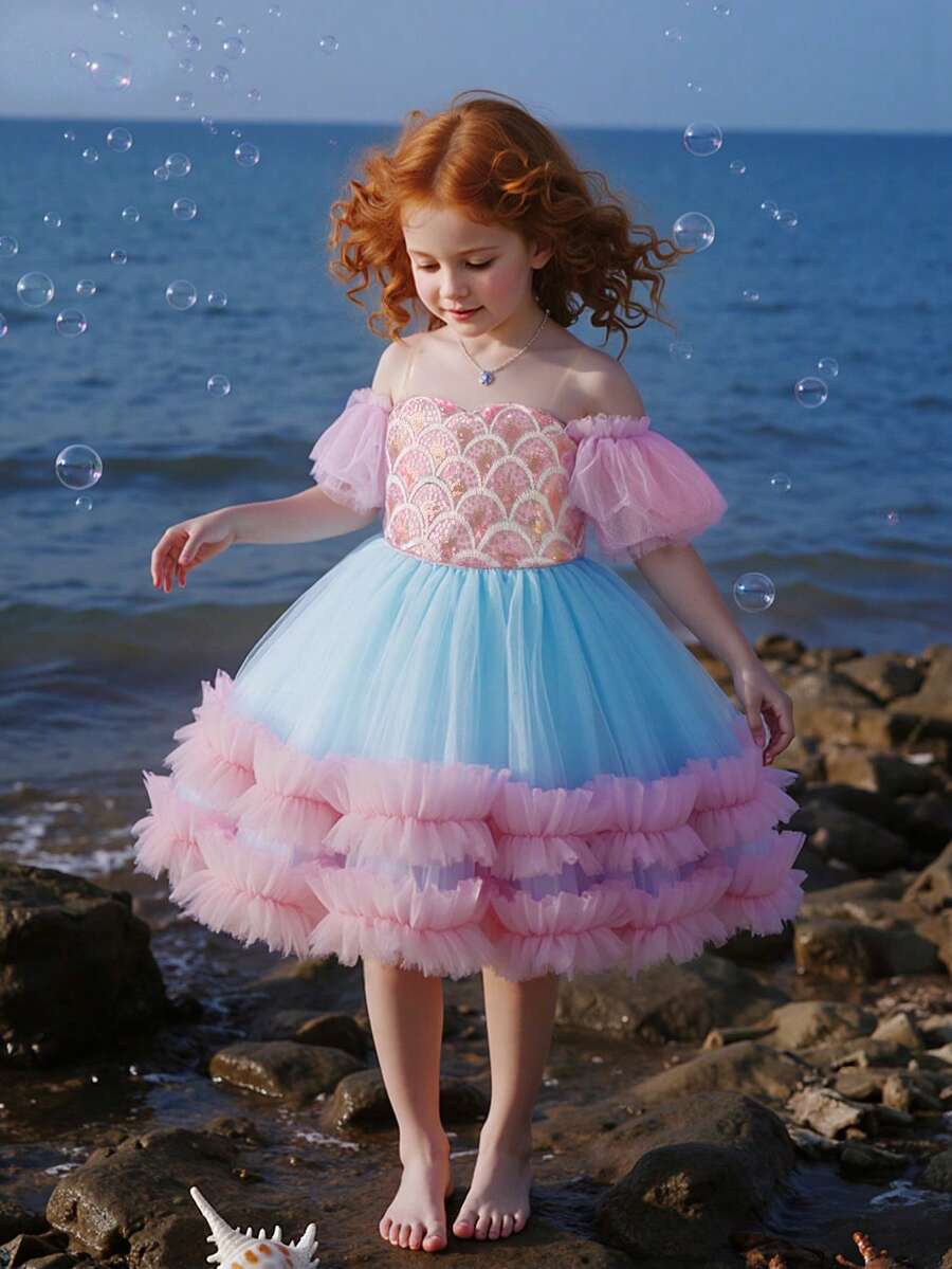 Young Girl Lavender Sequin Mesh Puff Sleeve Elegant Mermaid Party Princess Dress, Suitable For Girls Birthday, Party, Wedding, Formal Occasions, Holiday Celebration, Flower Girl - Pink - View 1
