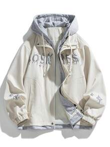 Men's Autumn/Winter Fashion Hooded Jacket With Letter Print, 2 In 1 - trắng - Xem 8
